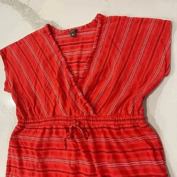 Eddie Bauer Red Stripe Short Sleeve V Neck Dress Womens XL Pockets Cotton Casual - Picture 3 of 6